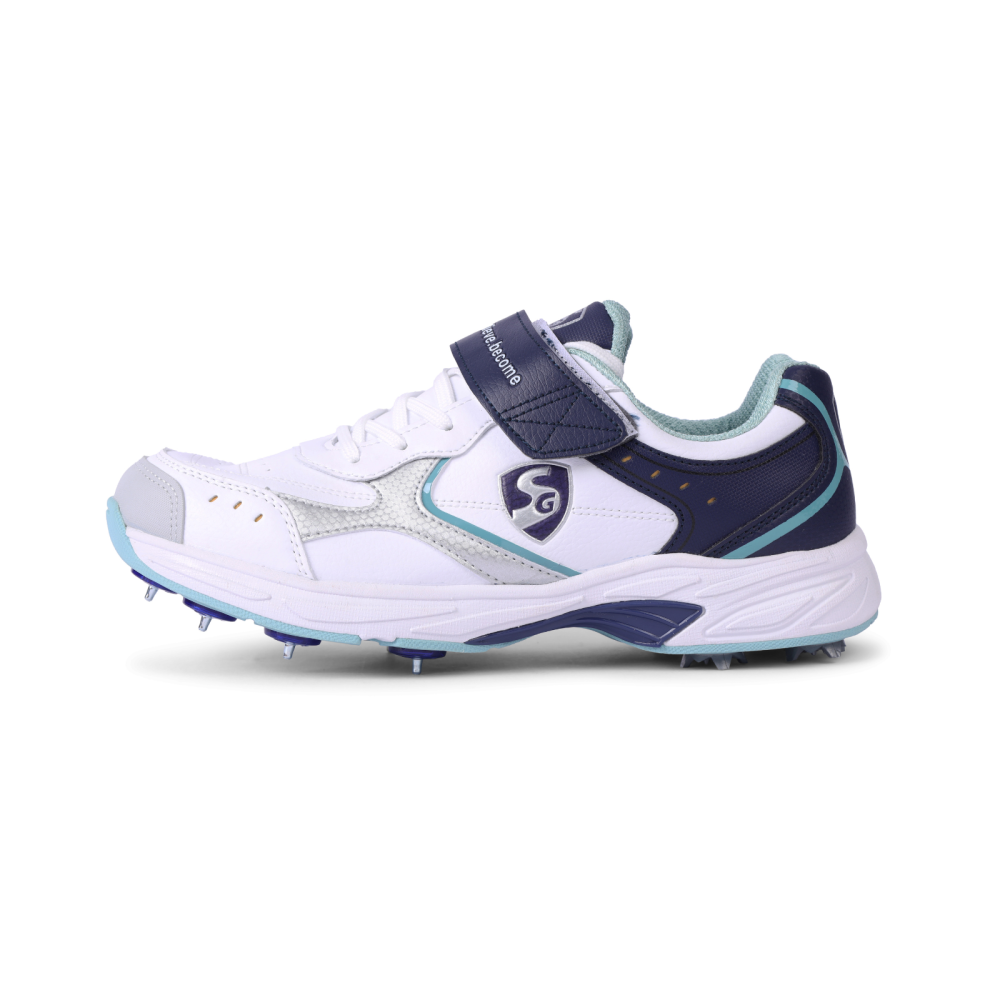 SG ARMOUR SPIKE Cricket Shoes : Unlock Peak Performance with Biomechanically Engineered Design and Advanced Stability (WHITE/NAVY/TEAL) SG ARMOUR SPIKE Cricket Shoes : Unlock Peak Performance with Biomechanically Engineered Design and Advanced Stability (WHITE/NAVY/TEAL)