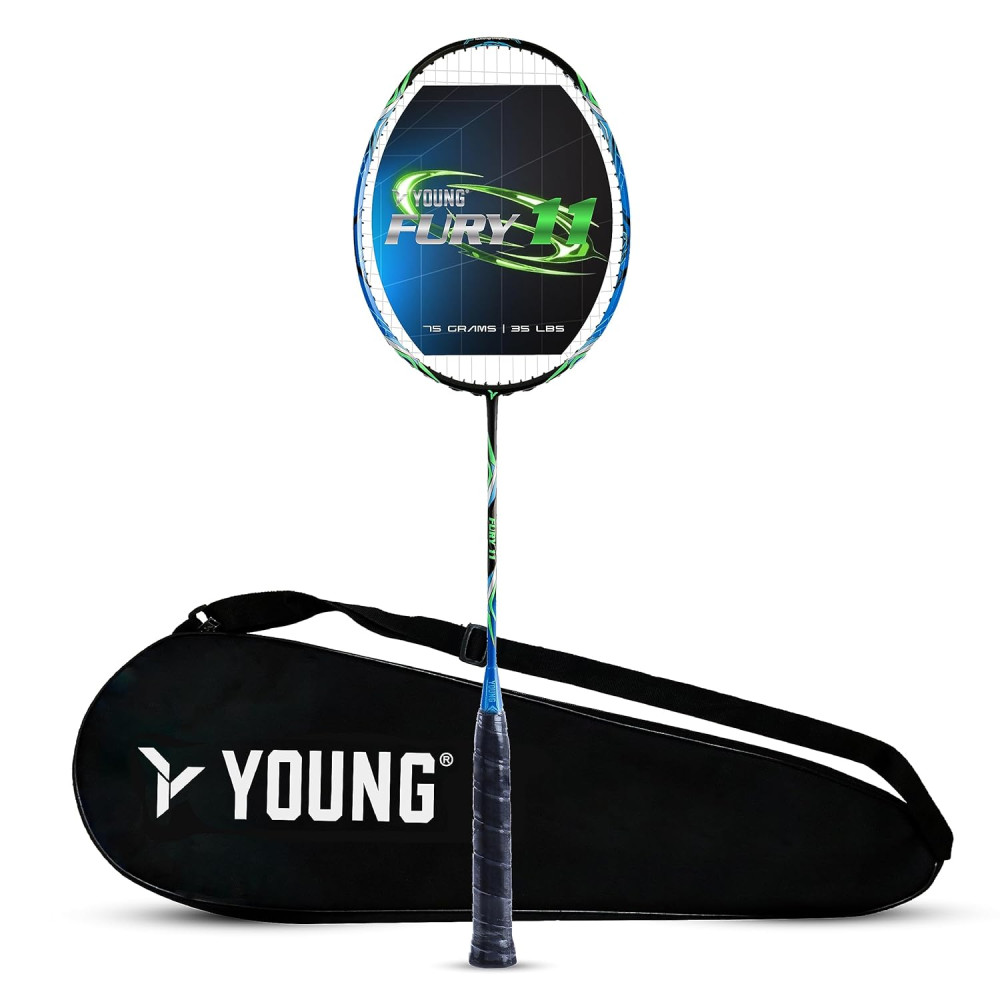 YOUNG Fury 11 Graphite Professional Badminton Racket, Lightweight, High Modulus 24-Ton Graphite, Strung, Includes Full Cover