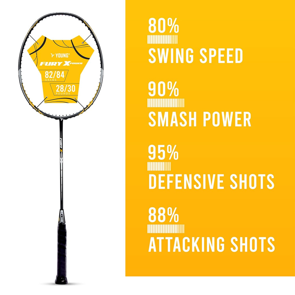 Young Fury X Power (Full Graphite, 30 LBS) Unstrung Badminton Racquet with Full Cover (Black Gold) Young Fury X Power (Full Graphite, 30 LBS) Unstrung Badminton Racquet with Full Cover (Black Gold)