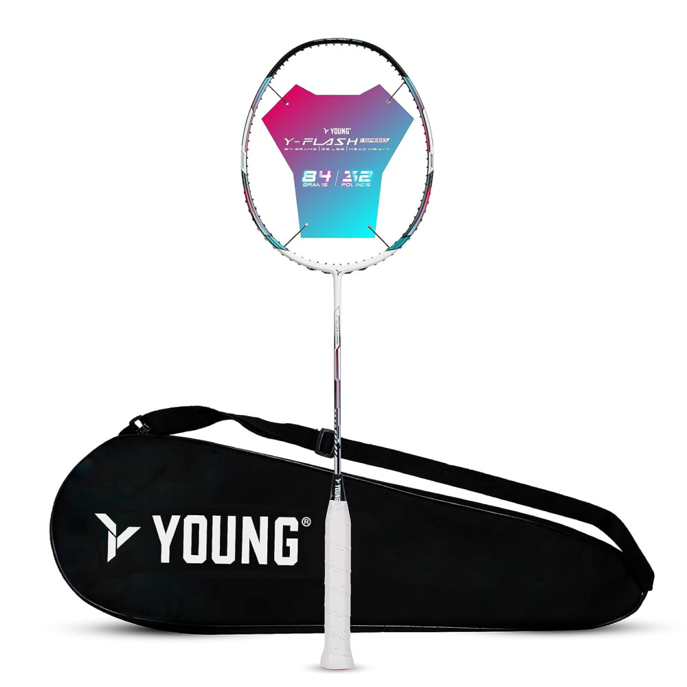 Young Y Flash iSpeed (30T Top Grade Japanese Graphite, 32LBS) Aero Hexa Frame, Head Heavy Badminton Racket with Customization and Full Cover (White Blue) Young Y Flash iSpeed (30T Top Grade Japanese Graphite, 32LBS) Aero Hexa Frame, Head Heavy Badminton Racket with Customization and Full Cover (White Blue)