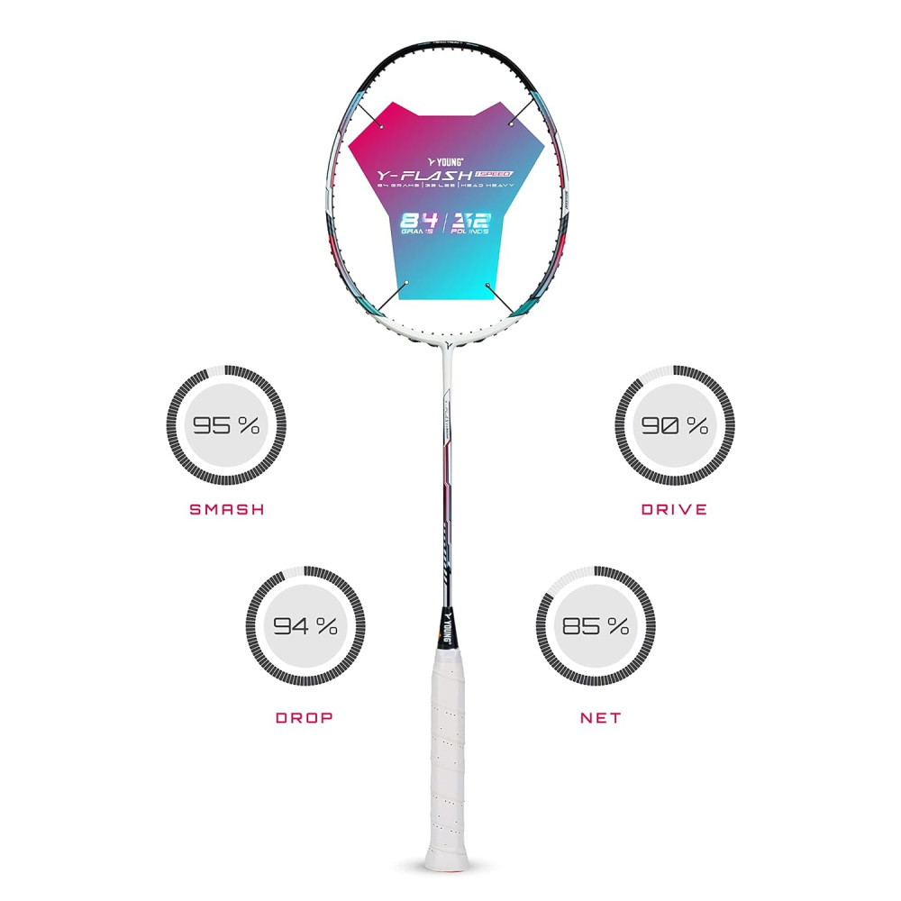 Young Y Flash iSpeed (30T Top Grade Japanese Graphite, 32LBS) Aero Hexa Frame, Head Heavy Badminton Racket with Customization and Full Cover (White Blue) Young Y Flash iSpeed (30T Top Grade Japanese Graphite, 32LBS) Aero Hexa Frame, Head Heavy Badminton Racket with Customization and Full Cover (White Blue)