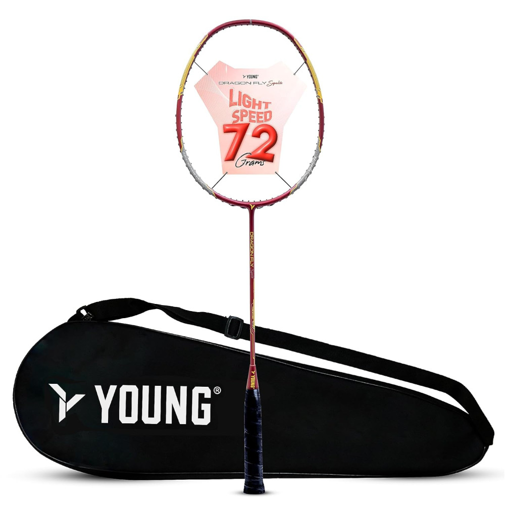 Young Dragonfly Superlite (72g, Hyper-Light) 30 LBS | UHM Japanese Carbon Fibre | Lightweight & Super-Speed | Head Heavy Graphite Badminton Racket with Customization and Full Cover (White)