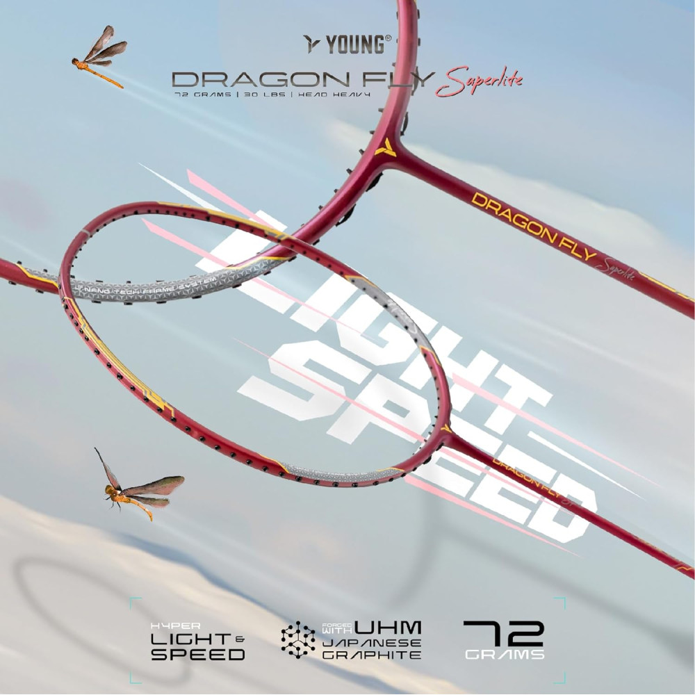 Young Dragonfly Superlite (72g, Hyper-Light) 30 LBS | UHM Japanese Carbon Fibre | Lightweight & Super-Speed | Head Heavy Graphite Badminton Racket with Customization and Full Cover (White)