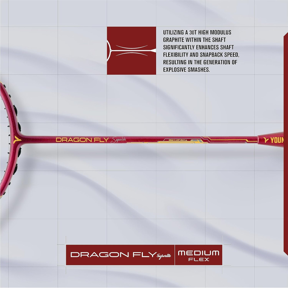 Young Dragonfly Superlite (72g, Hyper-Light) 30 LBS | UHM Japanese Carbon Fibre | Lightweight & Super-Speed | Head Heavy Graphite Badminton Racket with Customization and Full Cover (White)