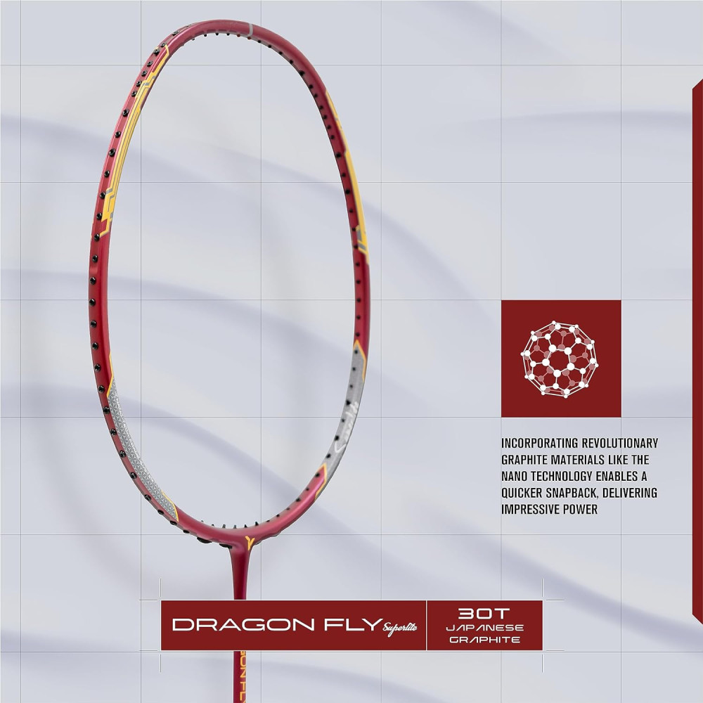 Young Dragonfly Superlite (72g, Hyper-Light) 30 LBS | UHM Japanese Carbon Fibre | Lightweight & Super-Speed | Head Heavy Graphite Badminton Racket with Customization and Full Cover (White)