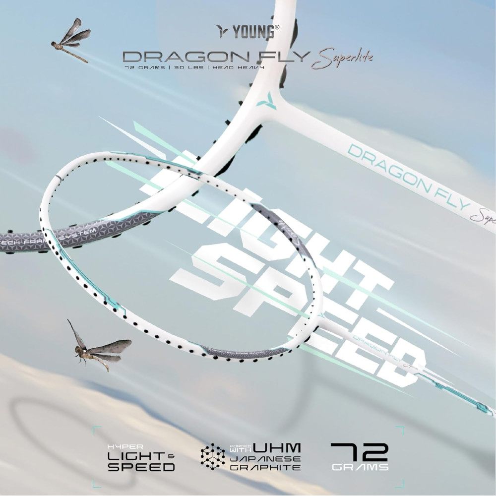 Young Dragonfly Superlite (72g, Hyper-Light) 30 LBS | UHM Japanese Carbon Fibre | Lightweight & Super-Speed | Head Heavy Graphite Badminton Racket with Customization and Full Cover (White)