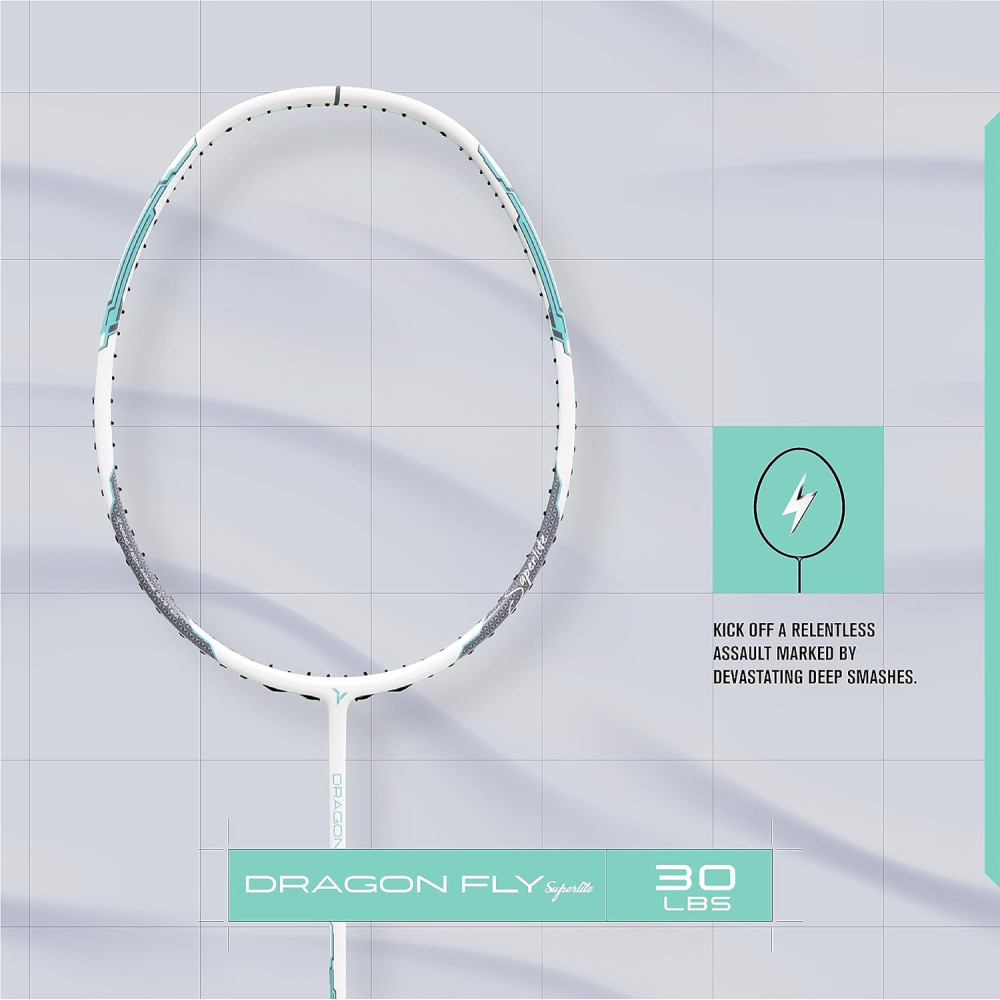 Young Dragonfly Superlite (72g, Hyper-Light) 30 LBS | UHM Japanese Carbon Fibre | Lightweight & Super-Speed | Head Heavy Graphite Badminton Racket with Customization and Full Cover (White)