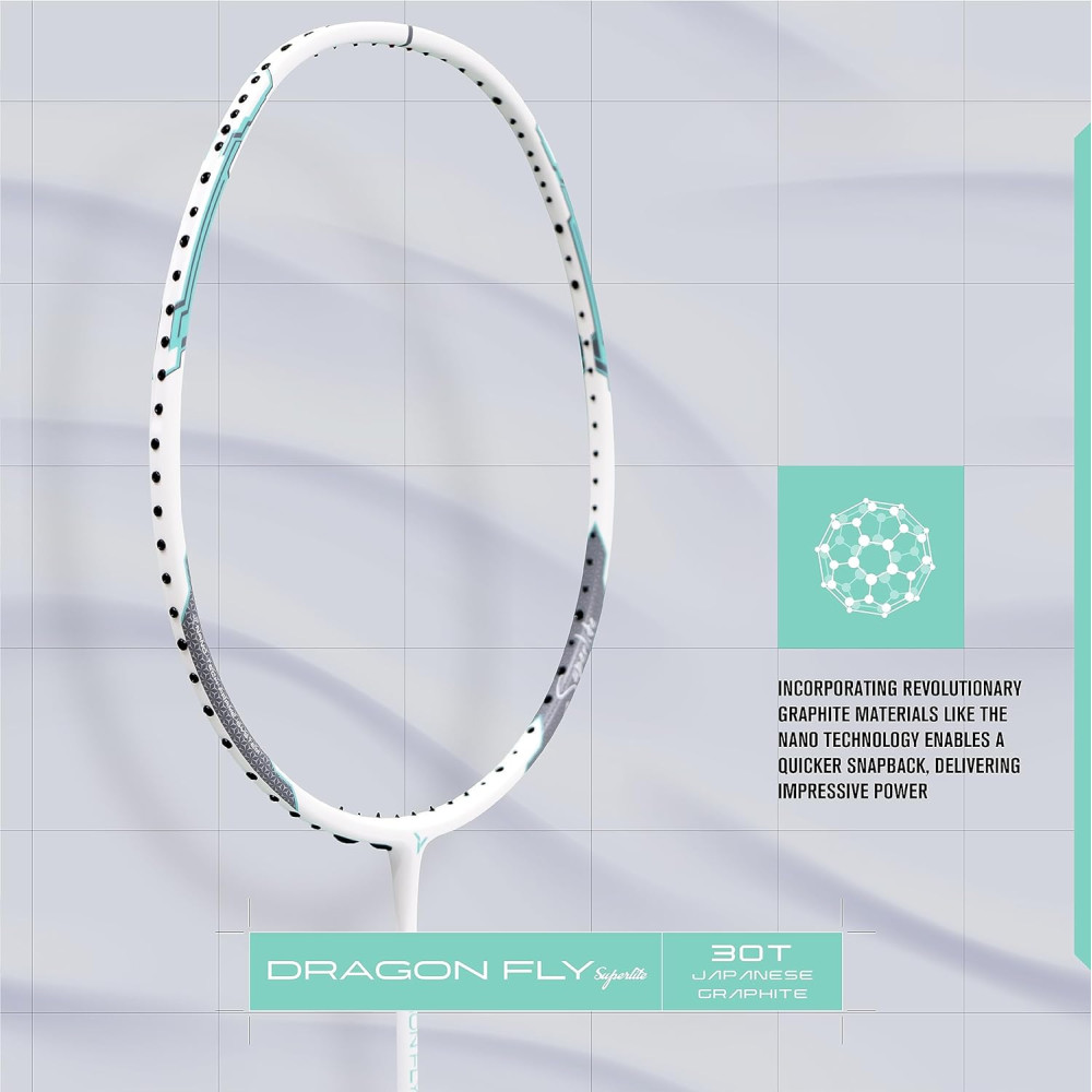 Young Dragonfly Superlite (72g, Hyper-Light) 30 LBS | UHM Japanese Carbon Fibre | Lightweight & Super-Speed | Head Heavy Graphite Badminton Racket with Customization and Full Cover (White)