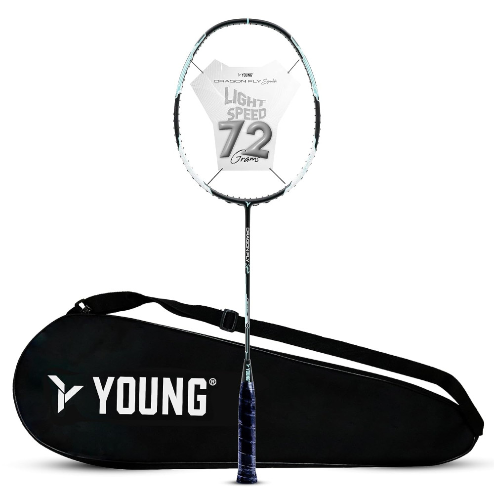Young Dragonfly Superlite (72g, Hyper-Light) 30 LBS | UHM Japanese Carbon Fibre | Lightweight & Super-Speed | Head Heavy Graphite Badminton Racket with Customization and Full Cover (White)