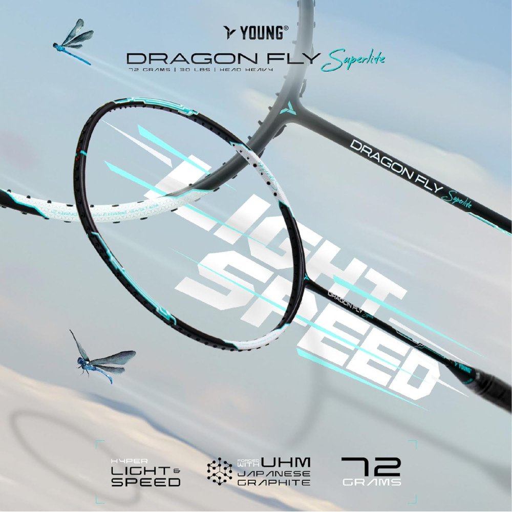 Young Dragonfly Superlite (72g, Hyper-Light) 30 LBS | UHM Japanese Carbon Fibre | Lightweight & Super-Speed | Head Heavy Graphite Badminton Racket with Customization and Full Cover (White)