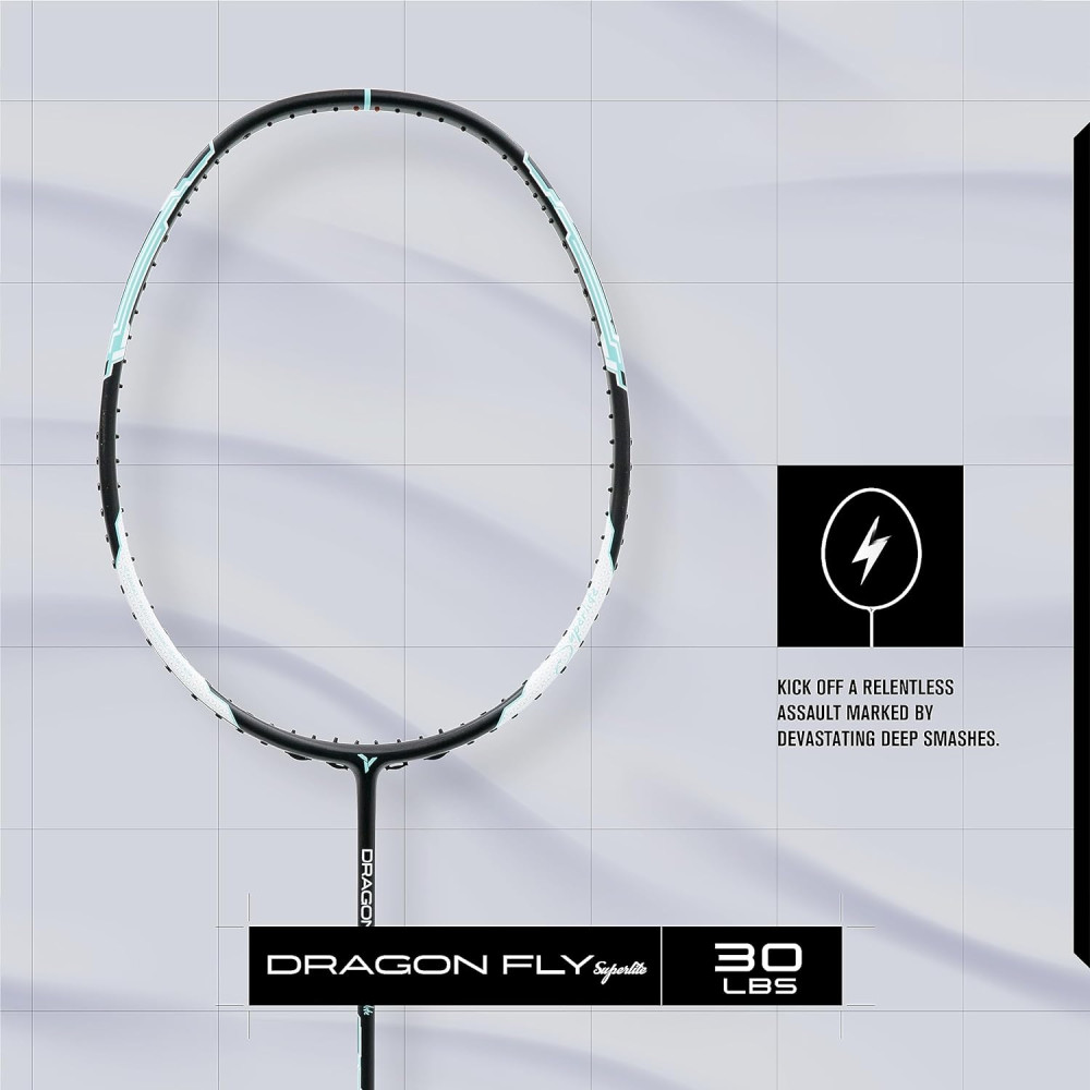 Young Dragonfly Superlite (72g, Hyper-Light) 30 LBS | UHM Japanese Carbon Fibre | Lightweight & Super-Speed | Head Heavy Graphite Badminton Racket with Customization and Full Cover (White)