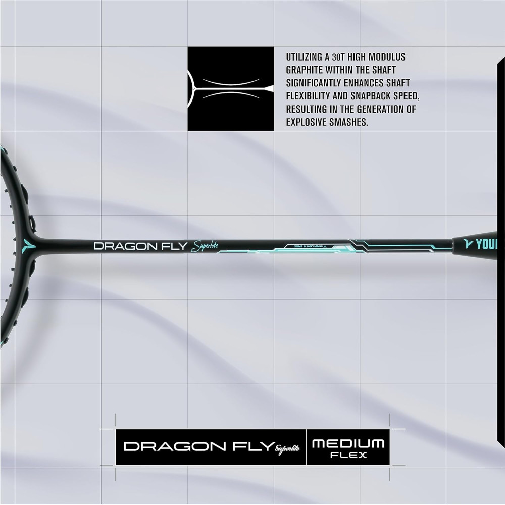 Young Dragonfly Superlite (72g, Hyper-Light) 30 LBS | UHM Japanese Carbon Fibre | Lightweight & Super-Speed | Head Heavy Graphite Badminton Racket with Customization and Full Cover (White)