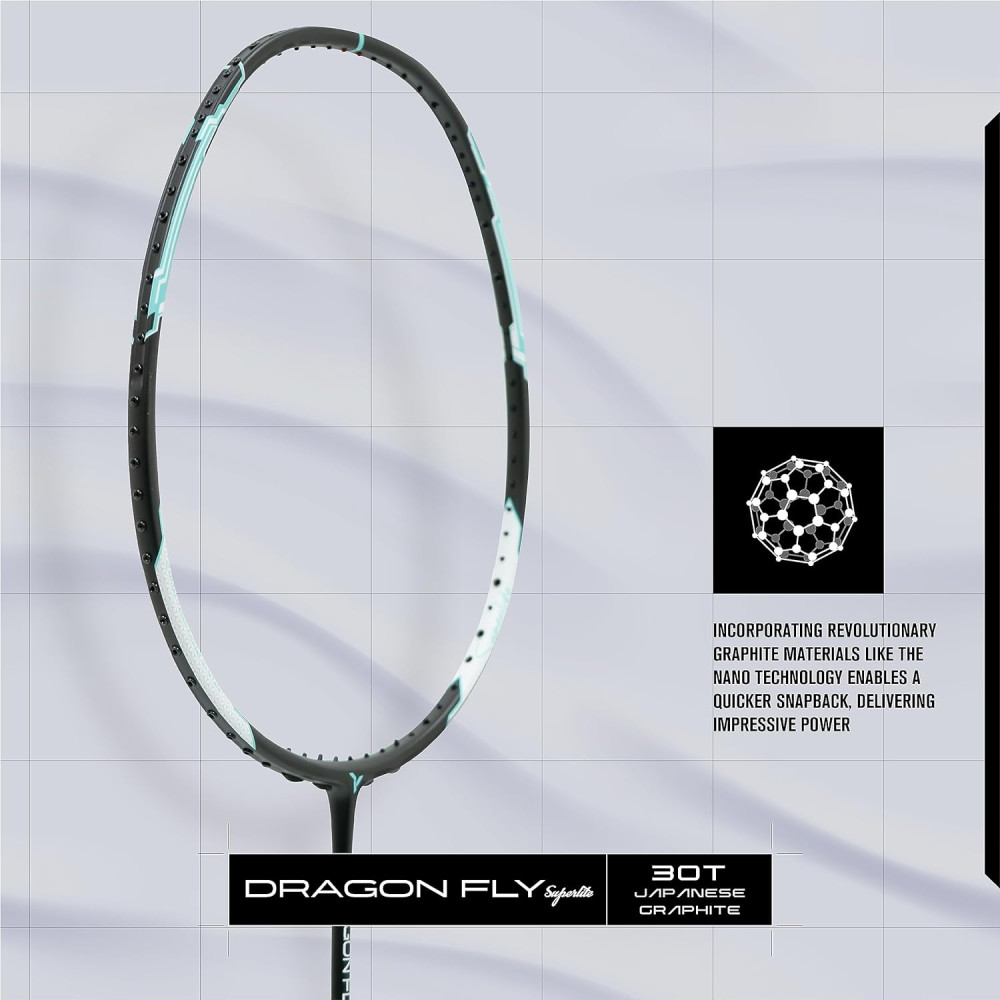 Young Dragonfly Superlite (72g, Hyper-Light) 30 LBS | UHM Japanese Carbon Fibre | Lightweight & Super-Speed | Head Heavy Graphite Badminton Racket with Customization and Full Cover (White)