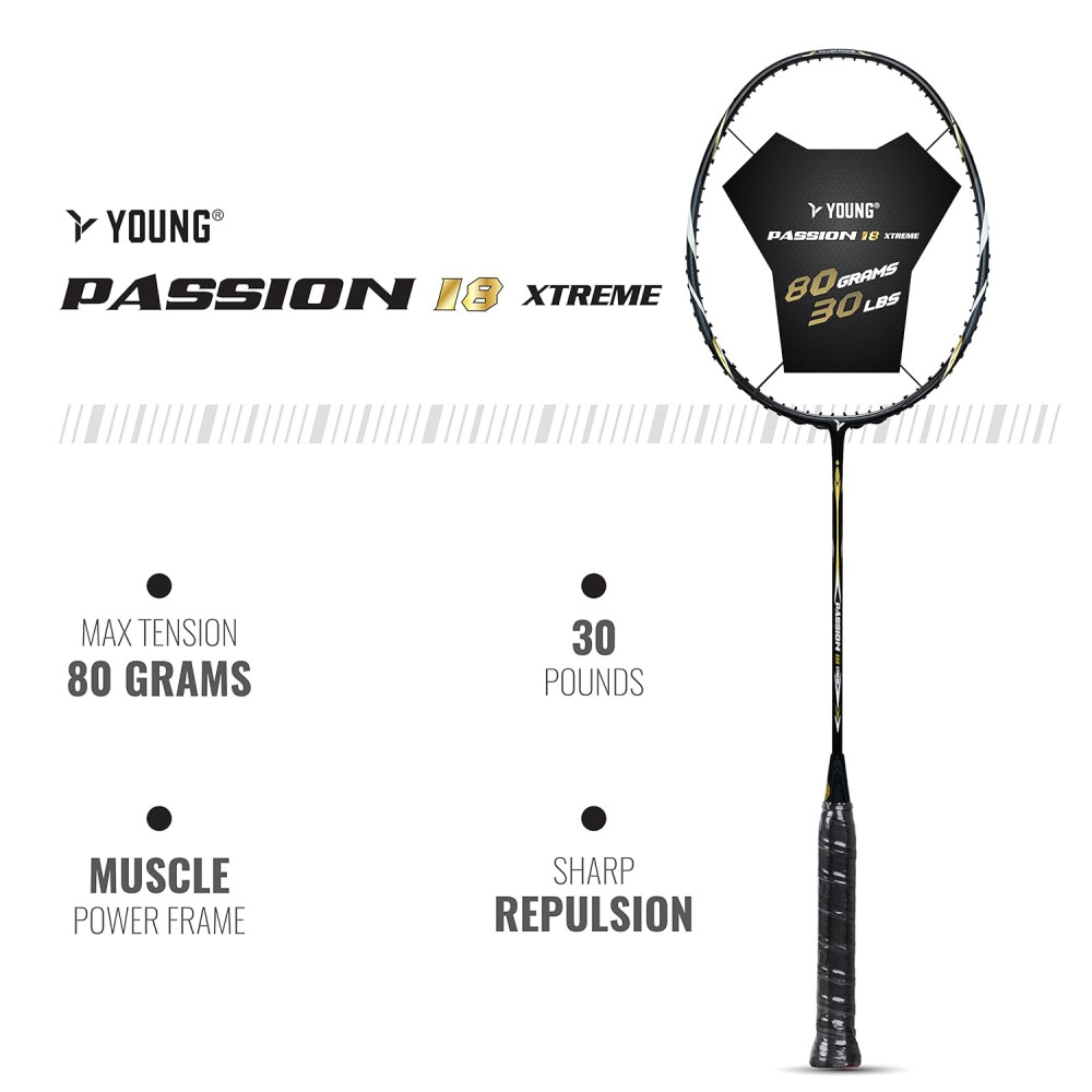Young Passion 18 Xtreme (High Modulus Graphite, 30 LBS) Unstrung Badminton Racquet with Full Cover (Black Gold) Young Passion 18 Xtreme (High Modulus Graphite, 30 LBS) Unstrung Badminton Racquet with Full Cover (Black Gold)