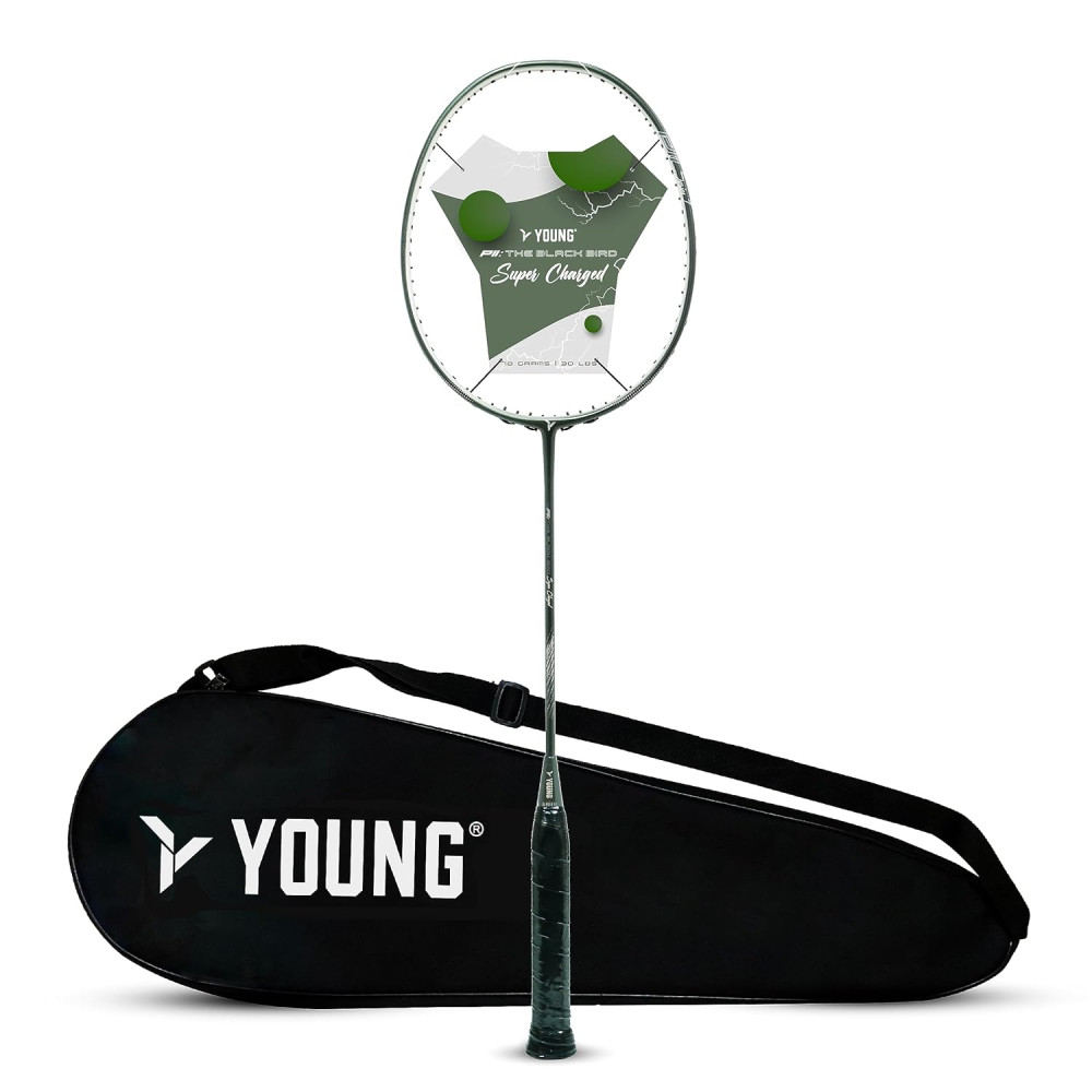 Young P11: The Black Bird Super Charged (78g Lightweight) 30 LBS | Japanese Graphite | Hi-Power Aero Frame | Head Heavy Badminton Racket with Customization and Full Cover (Green Silver) Young P11: The Black Bird Super Charged (78g Lightweight) 30 LBS | Japanese Graphite | Hi-Power Aero Frame | Head Heavy Badminton Racket with Customization and Full Cover (Green Silver)