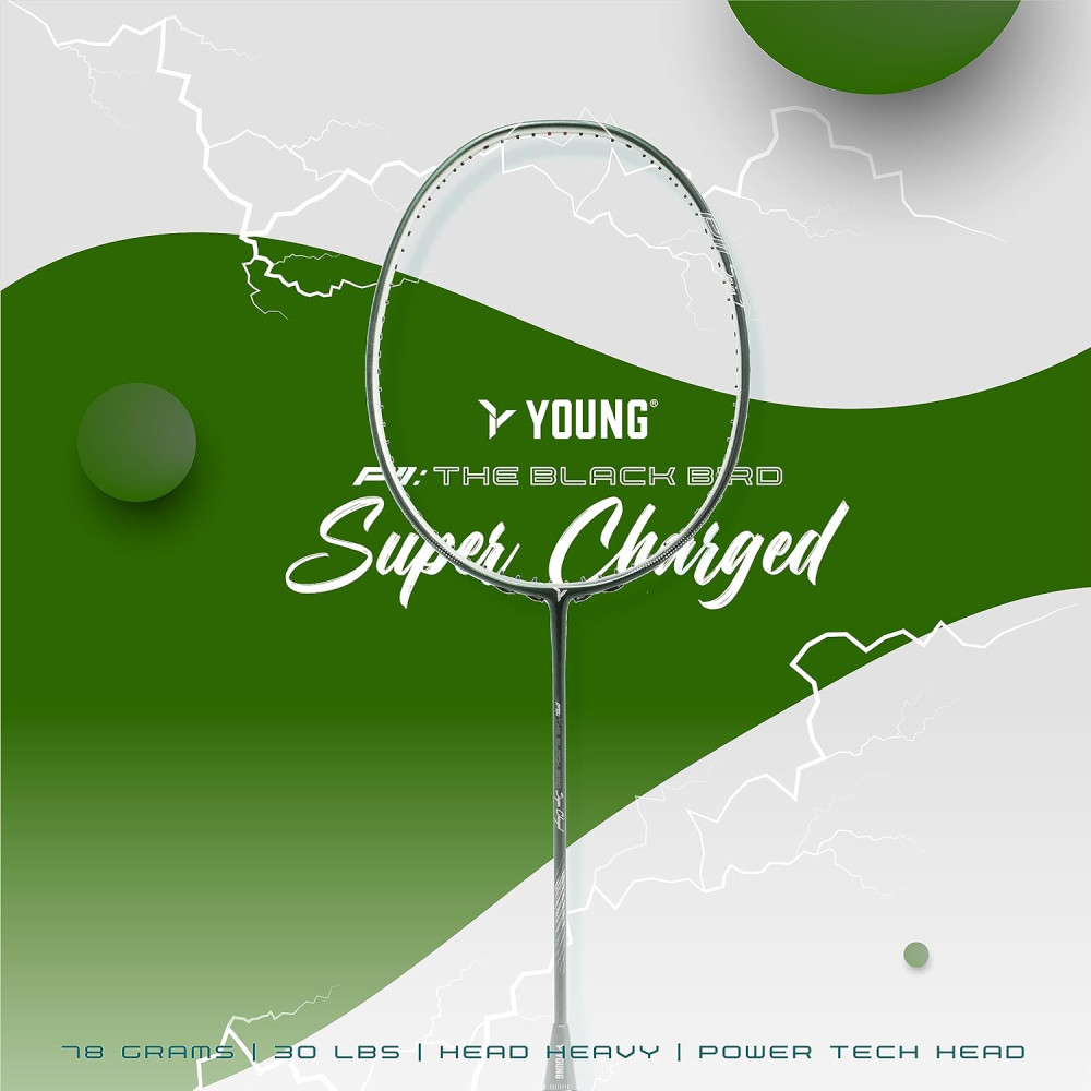 Young P11: The Black Bird Super Charged (78g Lightweight) 30 LBS | Japanese Graphite | Hi-Power Aero Frame | Head Heavy Badminton Racket with Customization and Full Cover (Green Silver) Young P11: The Black Bird Super Charged (78g Lightweight) 30 LBS | Japanese Graphite | Hi-Power Aero Frame | Head Heavy Badminton Racket with Customization and Full Cover (Green Silver)