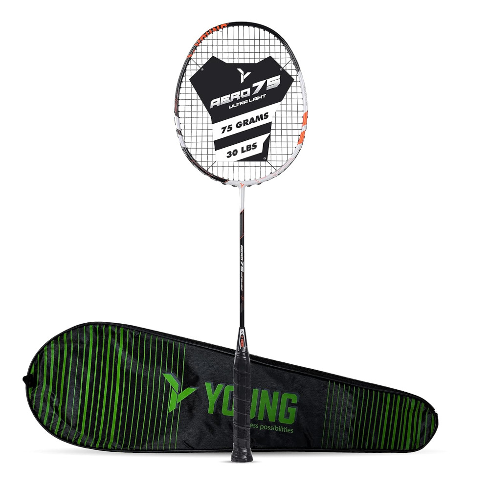 Young Aero 75 Ultra Light (75g, Pro-Grade) Strung Badminton Racket with Free Cover - Ultra Graphite Uni-Body Construction