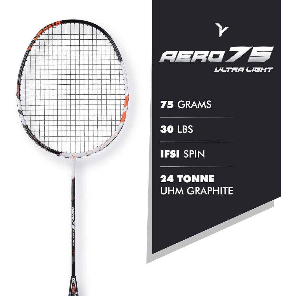 Young Aero 75 Ultra Light (75g, Pro-Grade) Strung Badminton Racket with Free Cover - Ultra Graphite Uni-Body Construction