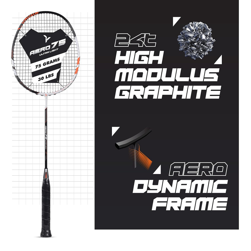 Young Aero 75 Ultra Light (75g, Pro-Grade) Strung Badminton Racket with Free Cover - Ultra Graphite Uni-Body Construction