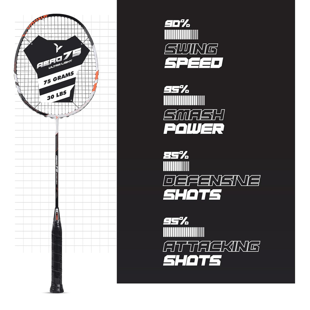 Young Aero 75 Ultra Light (75g, Pro-Grade) Strung Badminton Racket with Free Cover - Ultra Graphite Uni-Body Construction