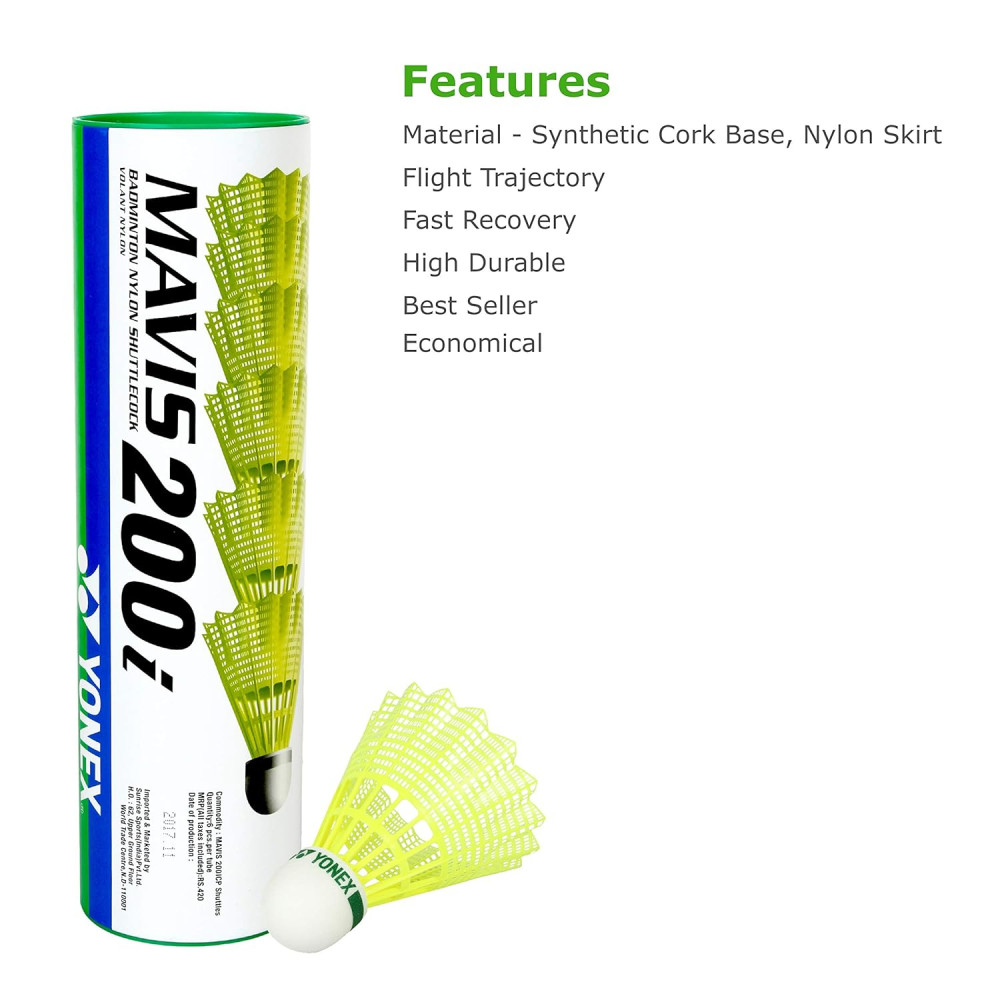 Yonex Mavis 200i Nylon Shuttle Cock, Pack of 6 (Yellow)