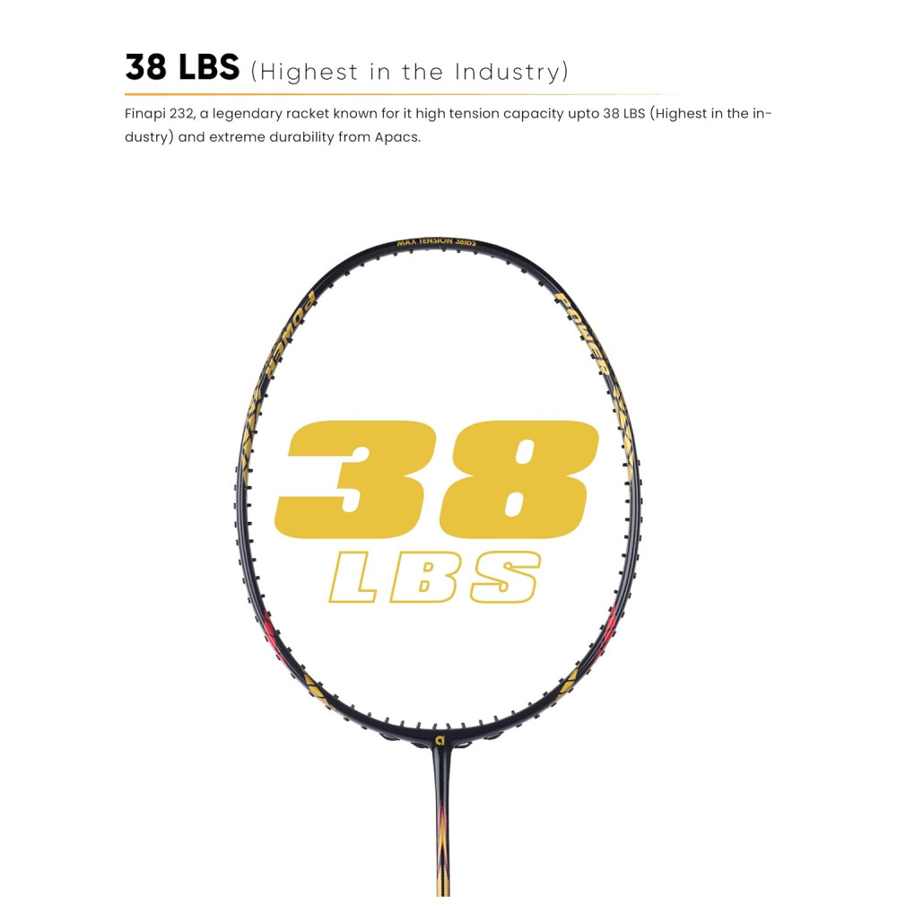 Apacs Finapi 232 Limited Edition (38 LBS Mega Tension) Made in Vietnam | Japanese Graphite Unstrung Badminton Racket (Black Red Gold)