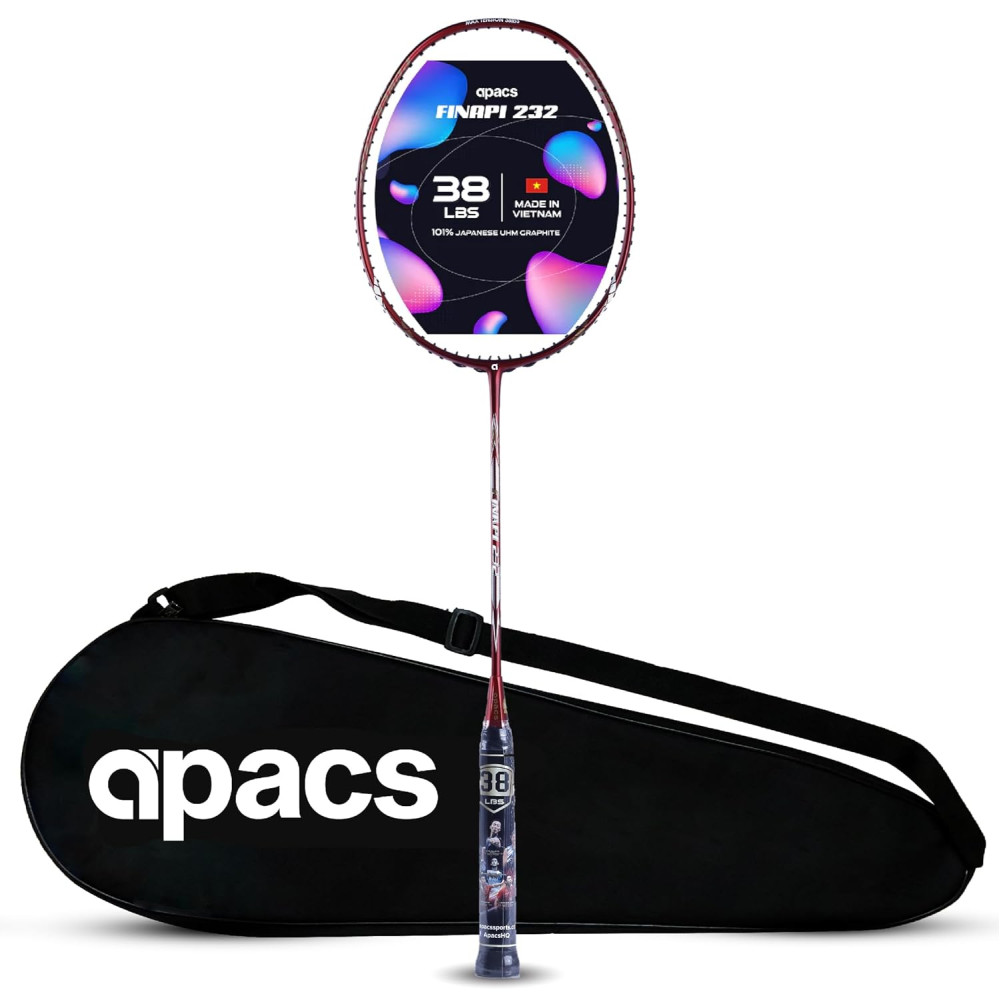 Apacs Finapi 232 (Unstrung, 38 LBS Max Tension) Made in Vietnam | 100% Japanese Graphite | High Modulus | High Power Badminton Racket with Free Full Cover | G1-4 1/4 inches (Black)