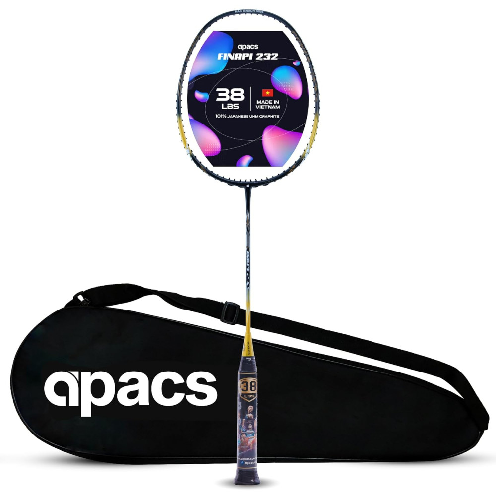 Apacs Finapi 232 (Unstrung, 38 LBS Max Tension) Made in Vietnam | 100% Japanese Graphite | High Modulus | High Power Badminton Racket with Free Full Cover | G1-4 1/4 inches (Black)