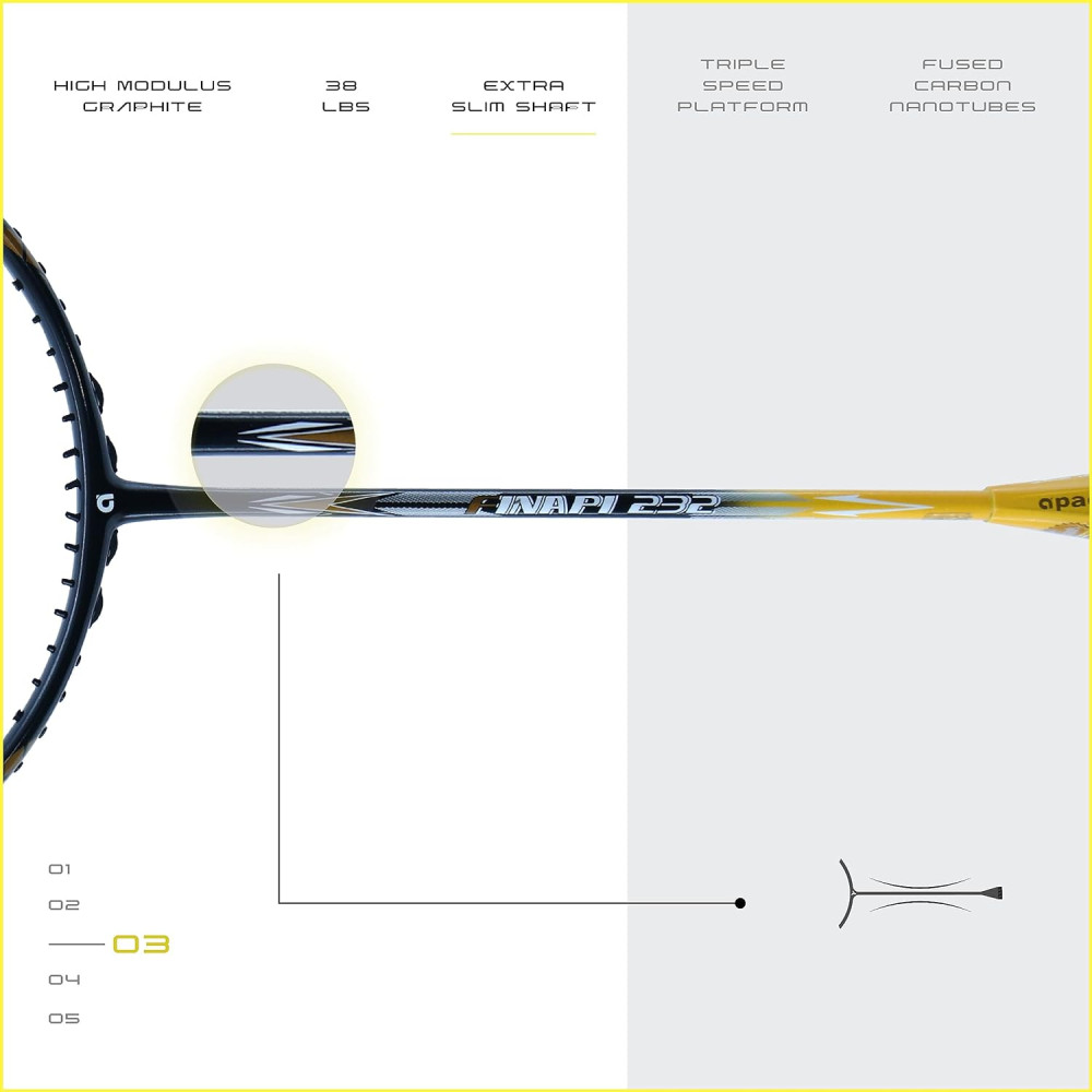 Apacs Finapi 232 (Unstrung, 38 LBS Max Tension) Made in Vietnam | 100% Japanese Graphite | High Modulus | High Power Badminton Racket with Free Full Cover | G1-4 1/4 inches (Black)
