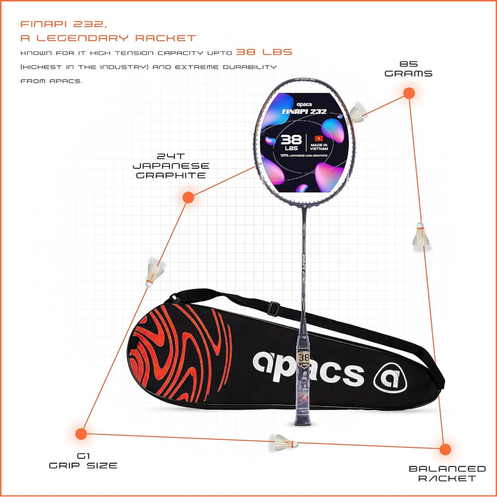 Apacs Finapi 232 (Unstrung, 38 LBS Max Tension) Made in Vietnam | 100% Japanese Graphite | High Modulus | High Power Badminton Racket with Free Full Cover | G1-4 1/4 inches (Black)