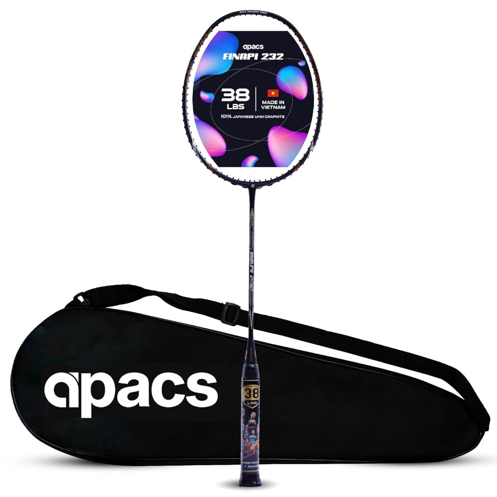 Apacs Finapi 232 (Unstrung, 38 LBS Max Tension) Made in Vietnam | 100% Japanese Graphite | High Modulus | High Power Badminton Racket with Free Full Cover | G1-4 1/4 inches (Black)