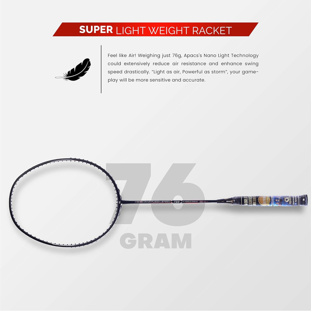 Apacs Nano Fusion Speed 722 (76 grams, Made in Vietnam) Ulta Light Weight | Japanese Graphite Unstrung Badminton Racket with Free Full Cover | G2-4 1/8 inches (Grey)