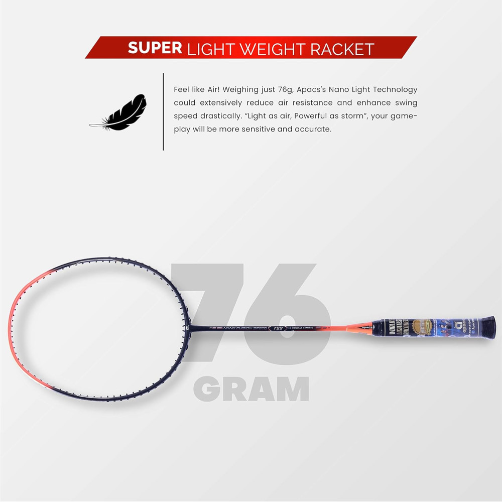 Apacs Nano Fusion Speed 722 (76 grams, Made in Vietnam) Ulta Light Weight | Japanese Graphite Unstrung Badminton Racket with Free Full Cover | G2-4 1/8 inches (Grey)