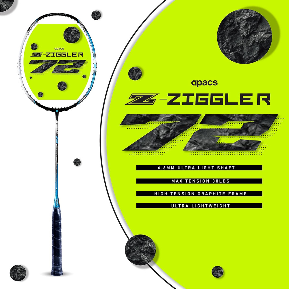 APACS Z-Ziggler 72 (30 LBS, 72g) Unstrung Badminton Racket with Full Cover (Black Blue)