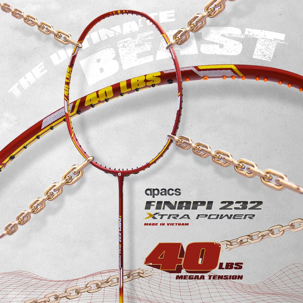 Apacs Finapi 232 Xtra Power (40LBS, 100% Top Grade UHM Japanese Graphite) Extra Strong Professional Unstrung Badminton Racket with Free Full Cover (Red Gold)