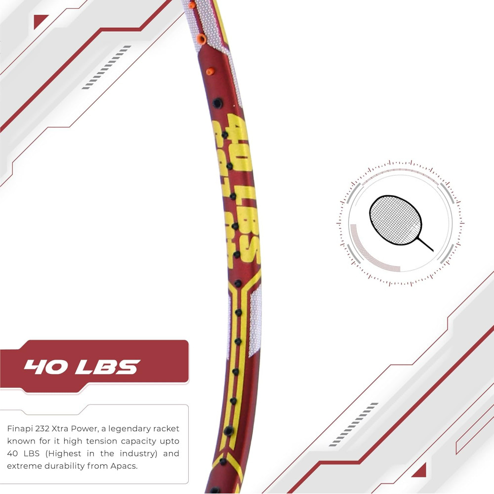 Apacs Finapi 232 Xtra Power (40LBS, 100% Top Grade UHM Japanese Graphite) Extra Strong Professional Unstrung Badminton Racket with Free Full Cover (Red Gold)