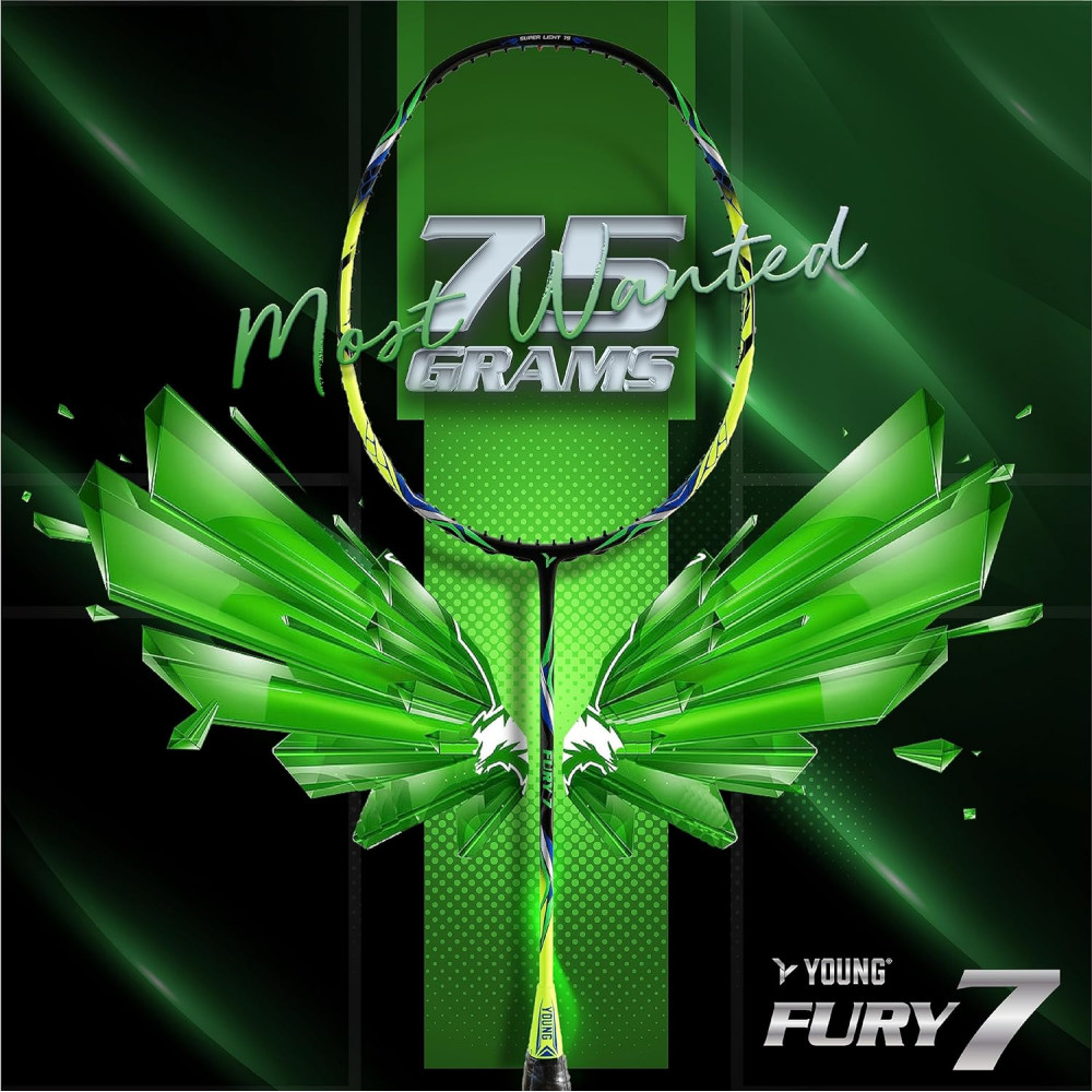 YOUNG Fury 7 Graphite Lightweight Professional Badminton Racket, Head Light, High Modulus Graphite, Strung, (Black/Yellow), Includes Full Cover