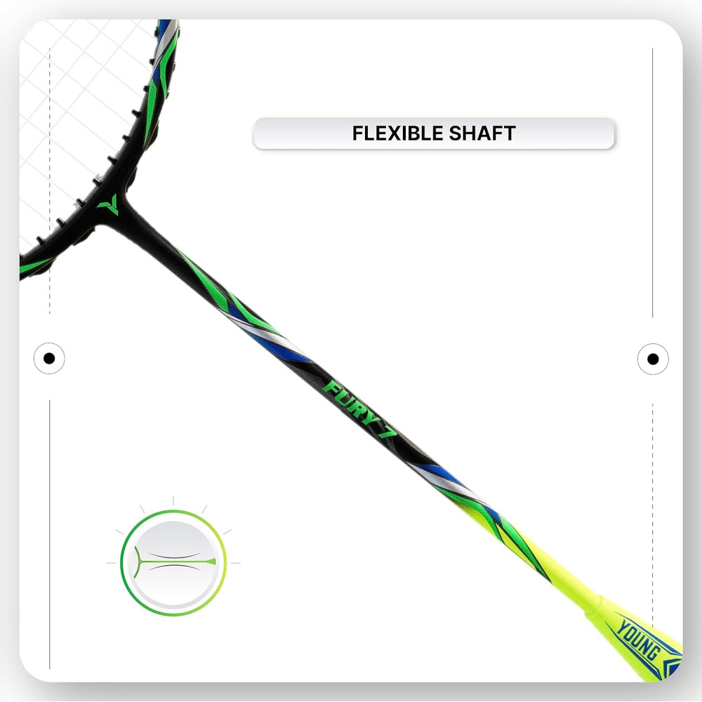 YOUNG Fury 7 Graphite Lightweight Professional Badminton Racket, Head Light, High Modulus Graphite, Strung, (Black/Yellow), Includes Full Cover
