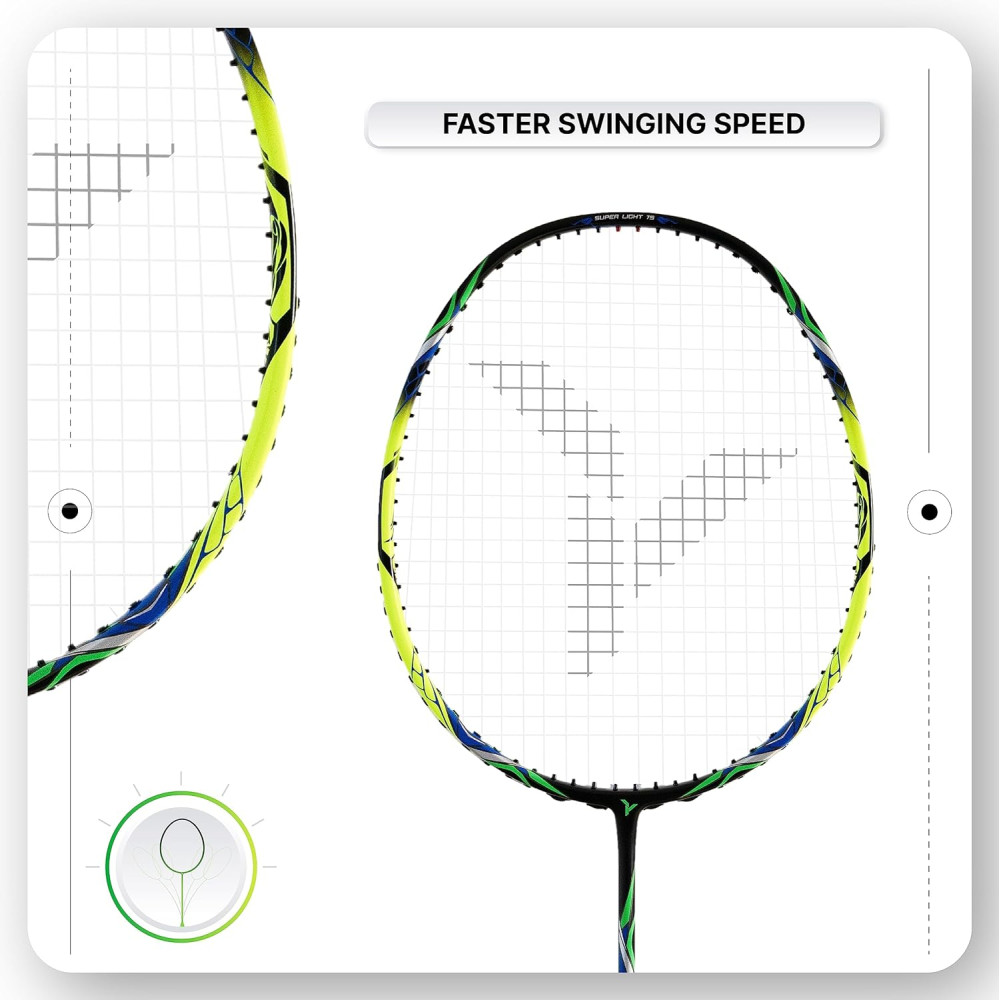 YOUNG Fury 7 Graphite Lightweight Professional Badminton Racket, Head Light, High Modulus Graphite, Strung, (Black/Yellow), Includes Full Cover