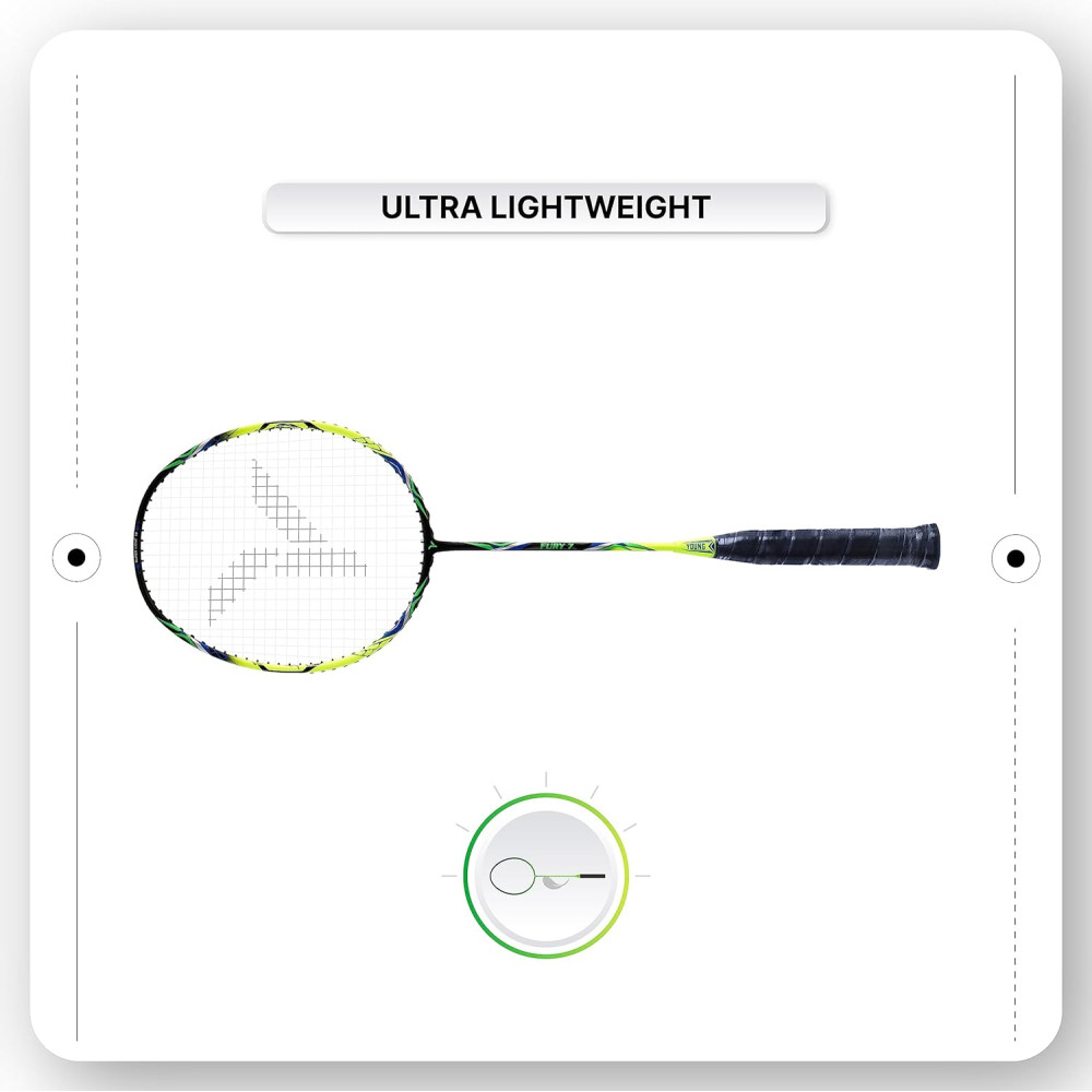 YOUNG Fury 7 Graphite Lightweight Professional Badminton Racket, Head Light, High Modulus Graphite, Strung, (Black/Yellow), Includes Full Cover