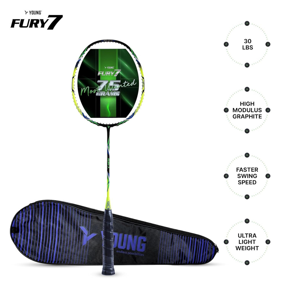 YOUNG Fury 7 Graphite Lightweight Professional Badminton Racket, Head Light, High Modulus Graphite, Strung, (Black/Yellow), Includes Full Cover