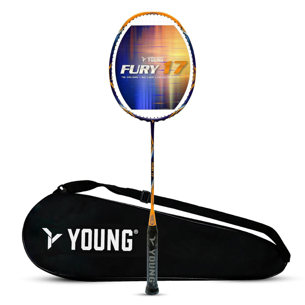 YOUNG (Malaysia) Fury 17 Graphite Professional Badminton Racket, Lightweight, Head Light, One Piece High Modulus 24-Ton Graphite (Orange/Blue), Strung, Includes Full Cover
