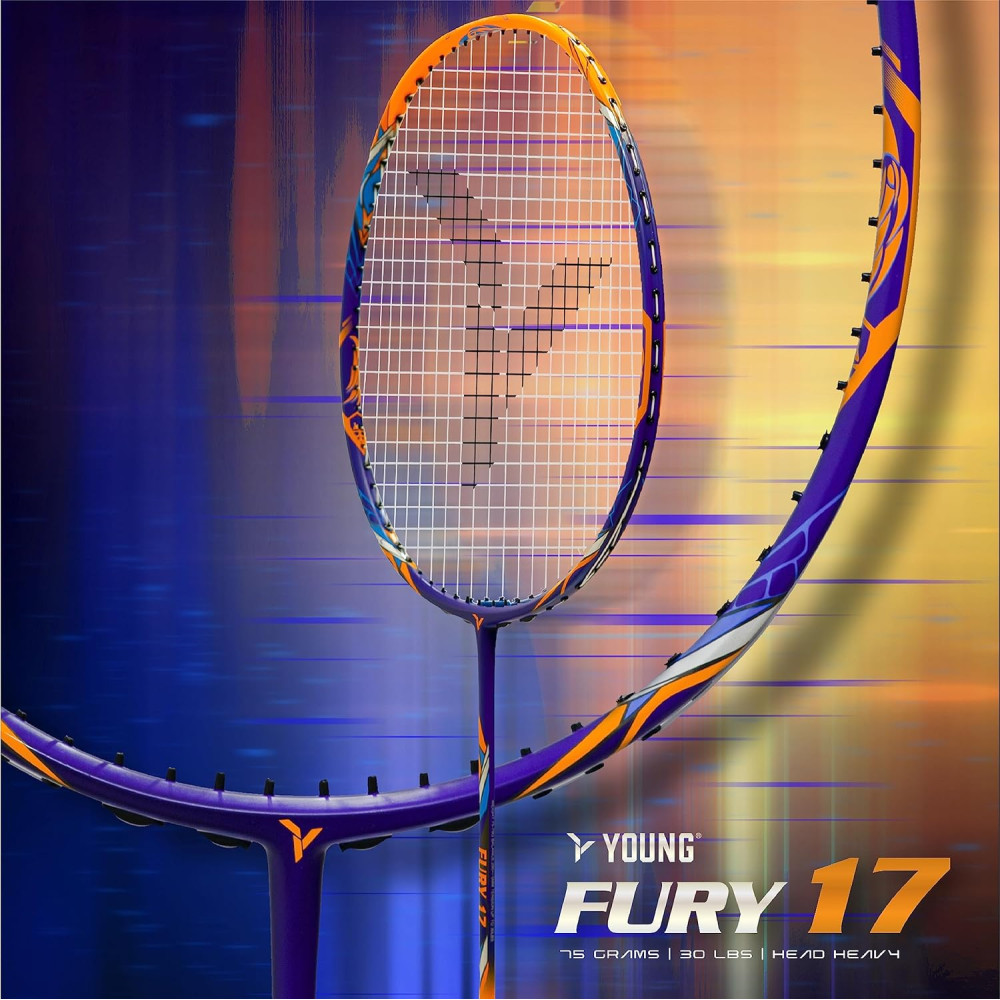 YOUNG (Malaysia) Fury 17 Graphite Professional Badminton Racket, Lightweight, Head Light, One Piece High Modulus 24-Ton Graphite (Orange/Blue), Strung, Includes Full Cover
