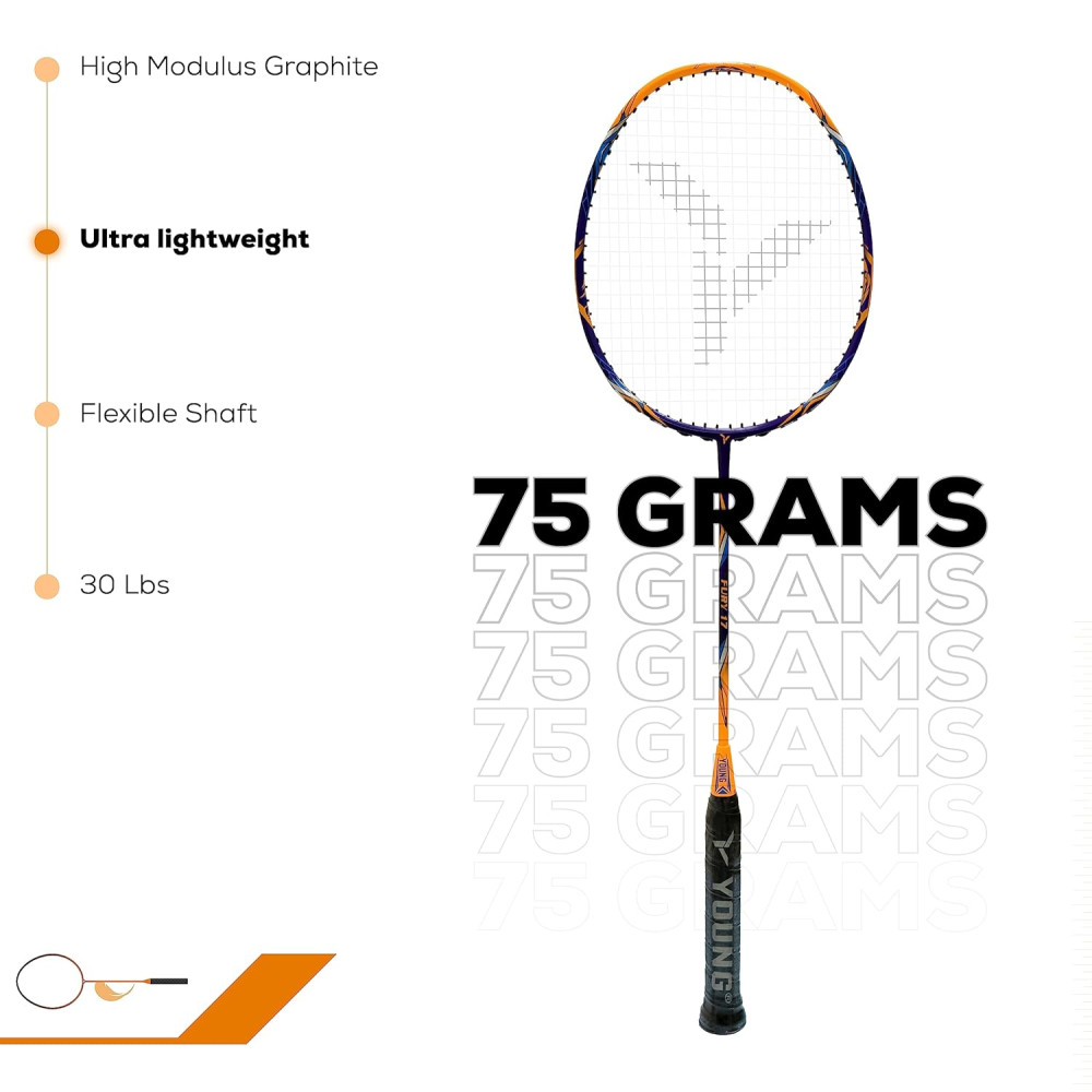 YOUNG (Malaysia) Fury 17 Graphite Professional Badminton Racket, Lightweight, Head Light, One Piece High Modulus 24-Ton Graphite (Orange/Blue), Strung, Includes Full Cover