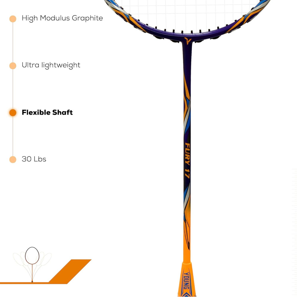 YOUNG (Malaysia) Fury 17 Graphite Professional Badminton Racket, Lightweight, Head Light, One Piece High Modulus 24-Ton Graphite (Orange/Blue), Strung, Includes Full Cover