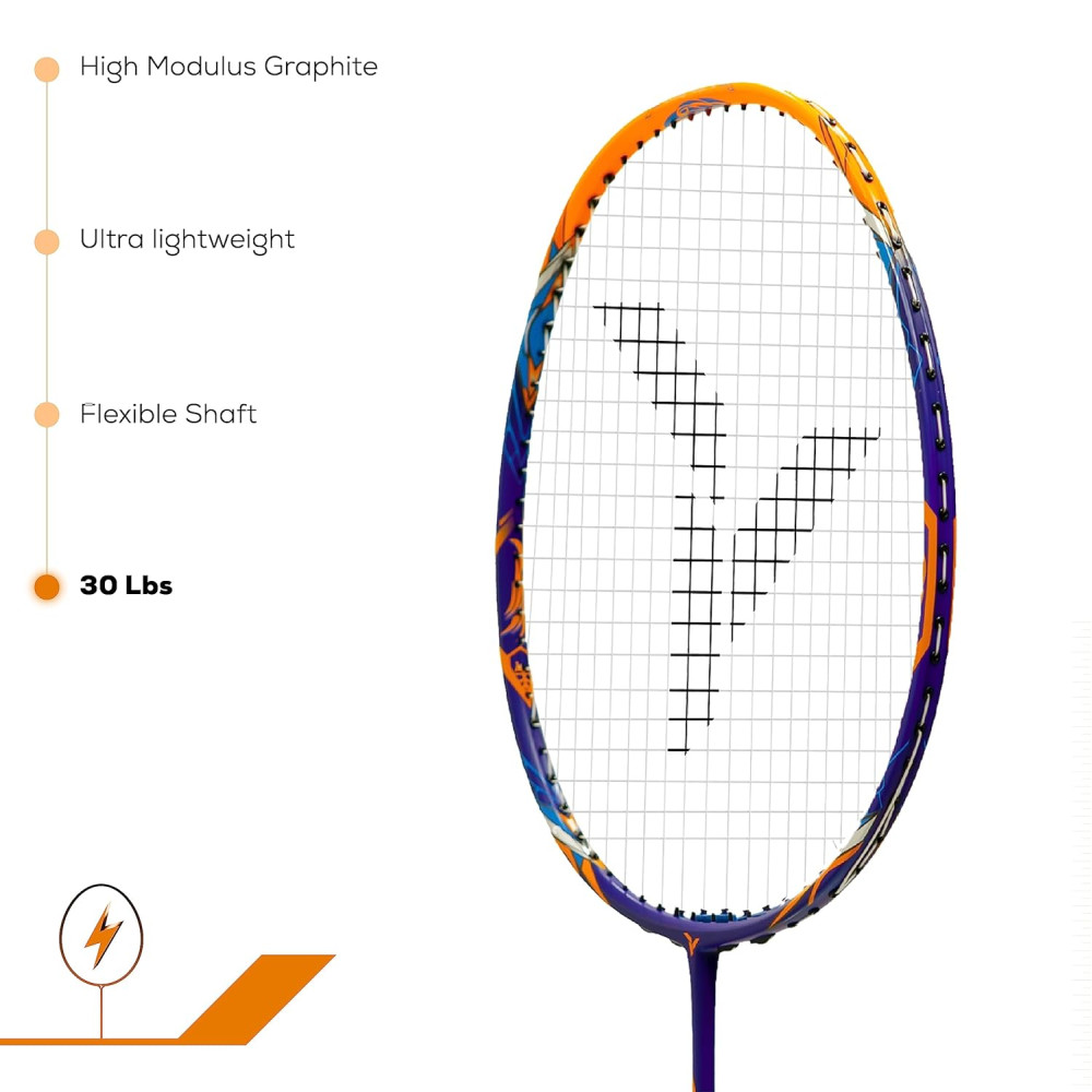 YOUNG (Malaysia) Fury 17 Graphite Professional Badminton Racket, Lightweight, Head Light, One Piece High Modulus 24-Ton Graphite (Orange/Blue), Strung, Includes Full Cover