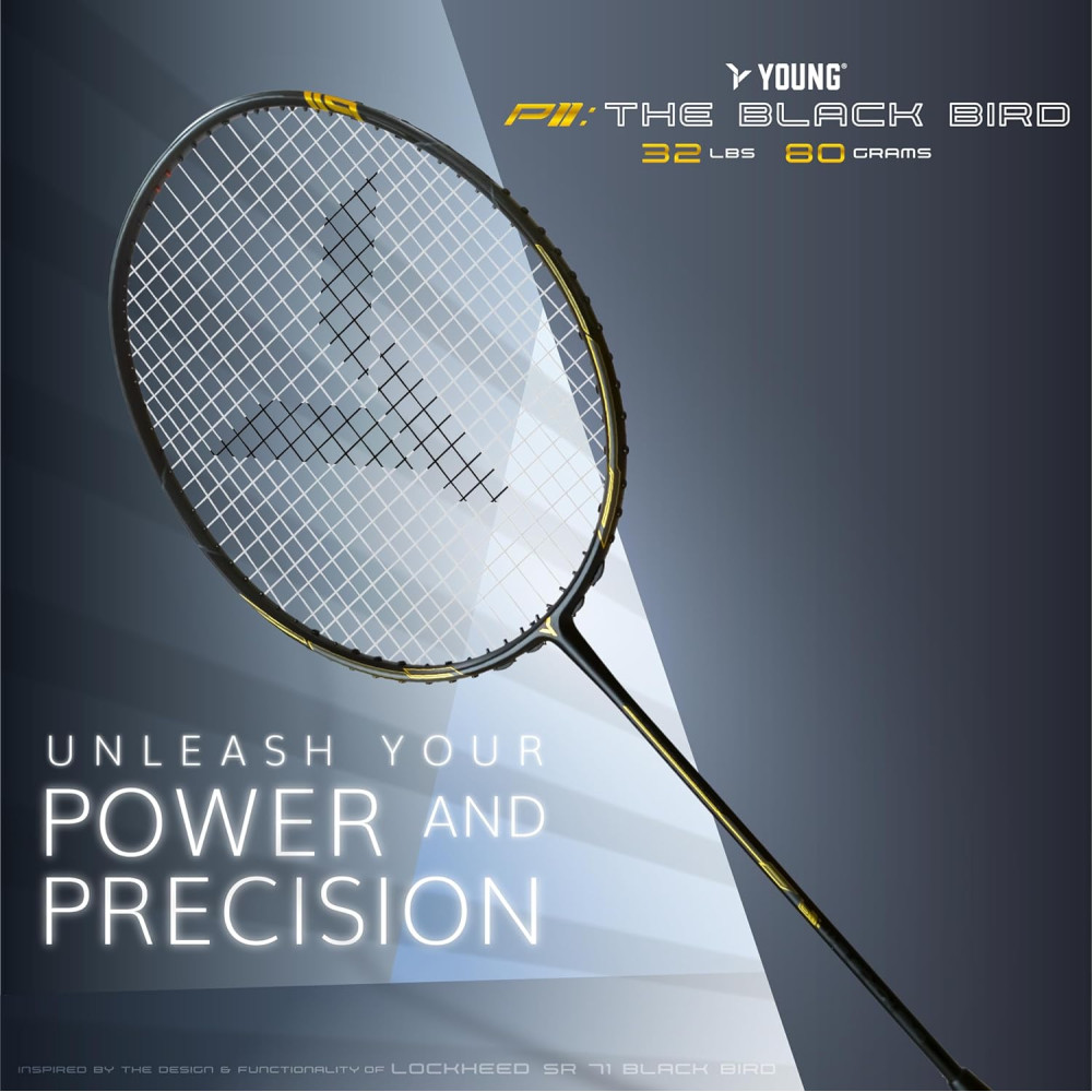 Young Black Bird P11 (30T Top Grade Japanese Graphite, 32LBS) Power-Speed Frame, Head Heavy Performance Grade Badminton Racket with Full Cover