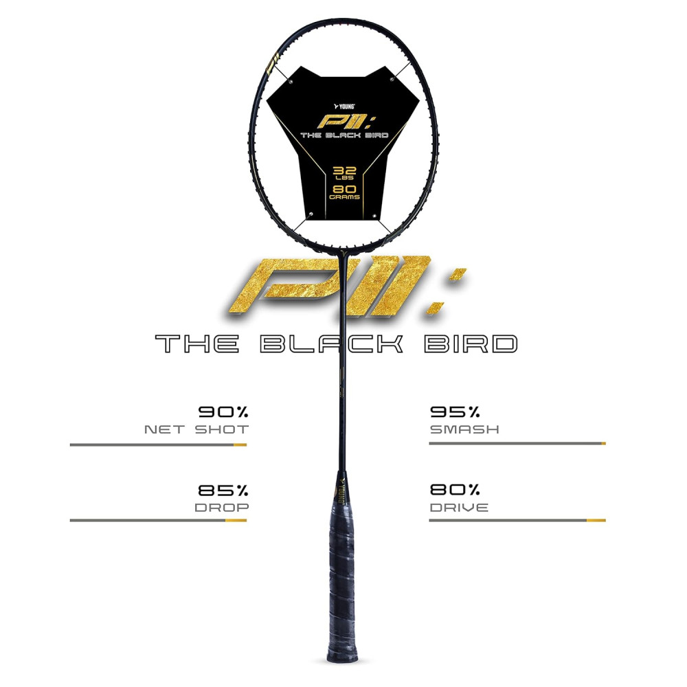 Young Black Bird P11 (30T Top Grade Japanese Graphite, 32LBS) Power-Speed Frame, Head Heavy Performance Grade Badminton Racket with Full Cover
