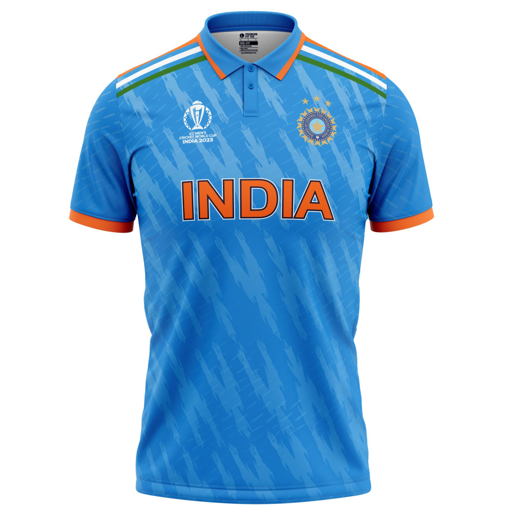 India Blue ODI World Cup 2023 Half Sleeves Cricket Fan Jersey - 100% Dryfit Polyester - With Name Personalisation